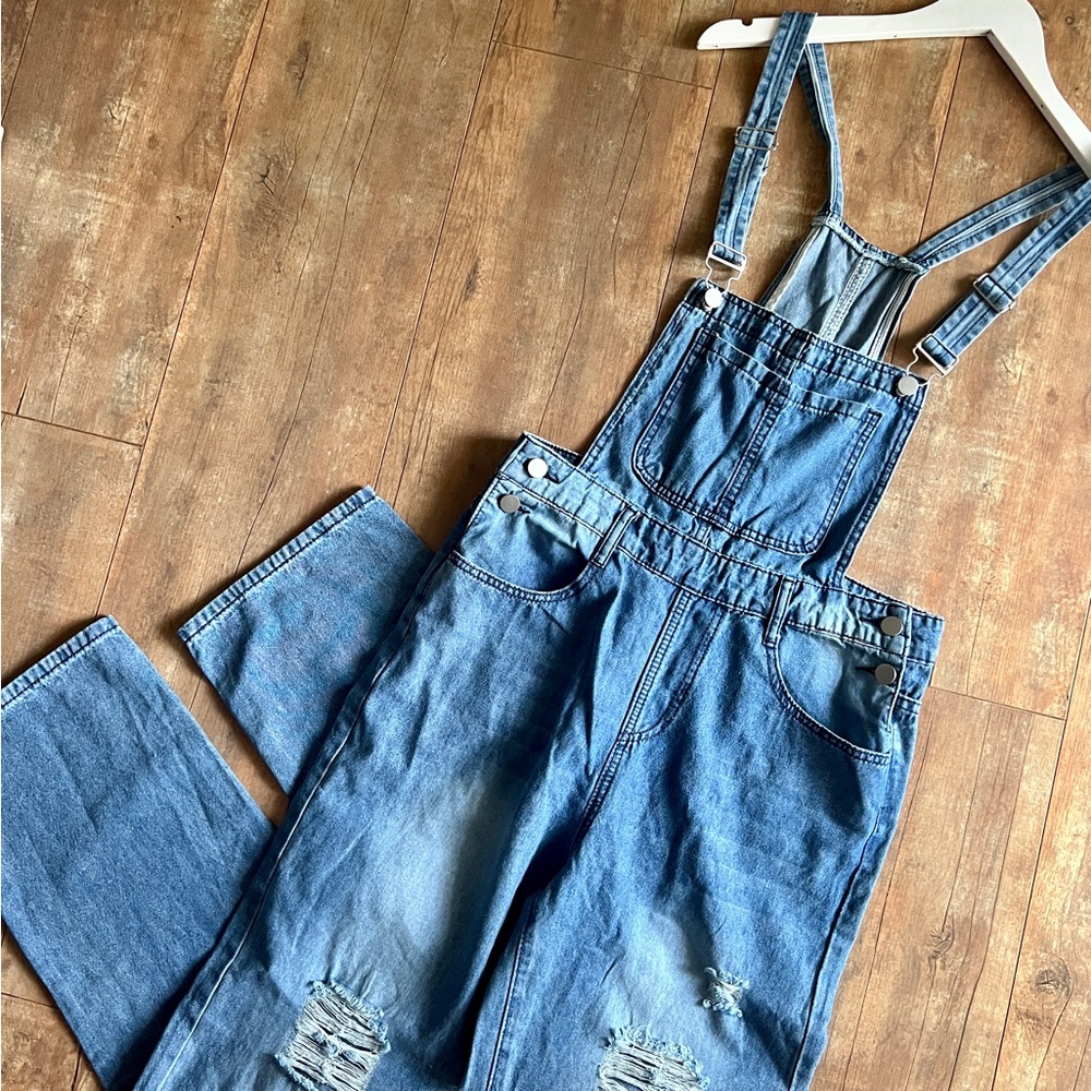 Denim Distressed Jean Straight Leg Overalls Size XL